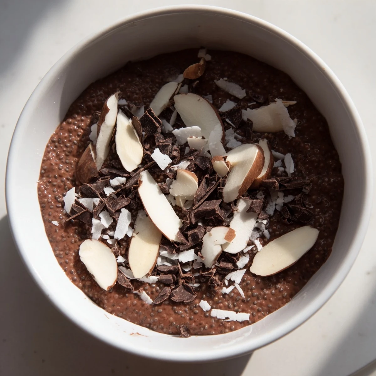 Creamy chocolate almond coconut protein chia cream topped with crunchy sliced almonds and dark chocolate shavings