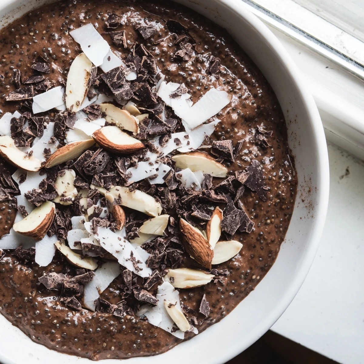 Rich chocolate almond coconut protein chia cream in glass jars garnished with coconut flakes