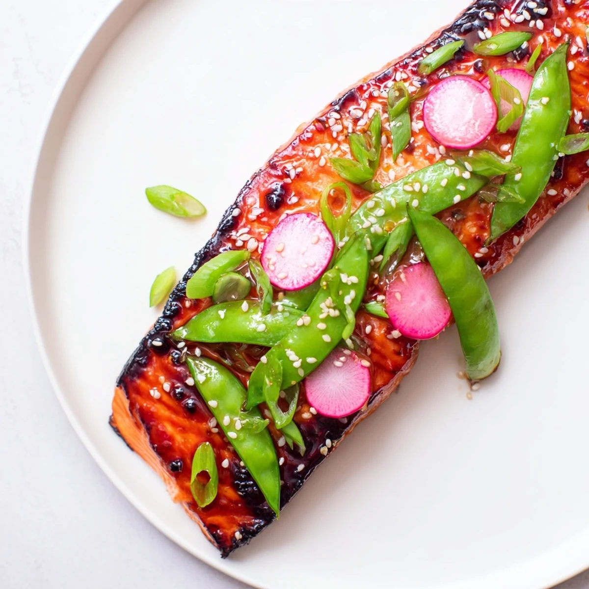 Glazed Miso Maple Salmon fillets with caramelized edges and vibrant sesame snap peas on a white plate