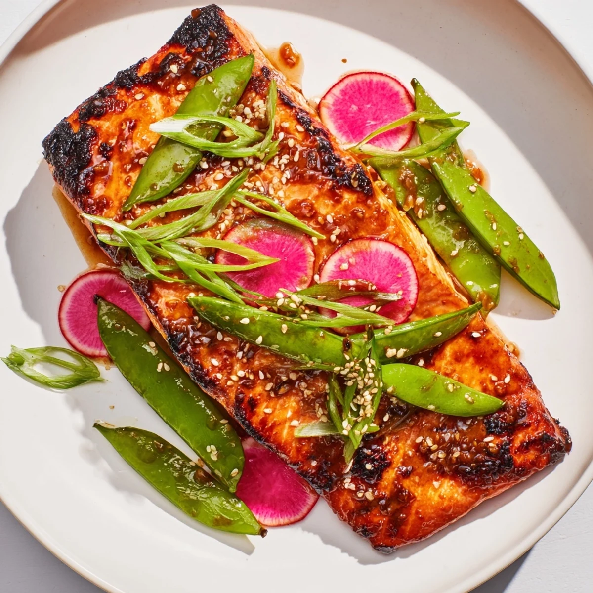 Crispy sesame snap pea salad served alongside tender baked Miso Maple Salmon with glossy umami glaze