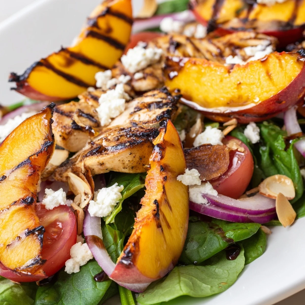Grilled nectarine and spinach chicken salad topped with crumbled feta and toasted almonds