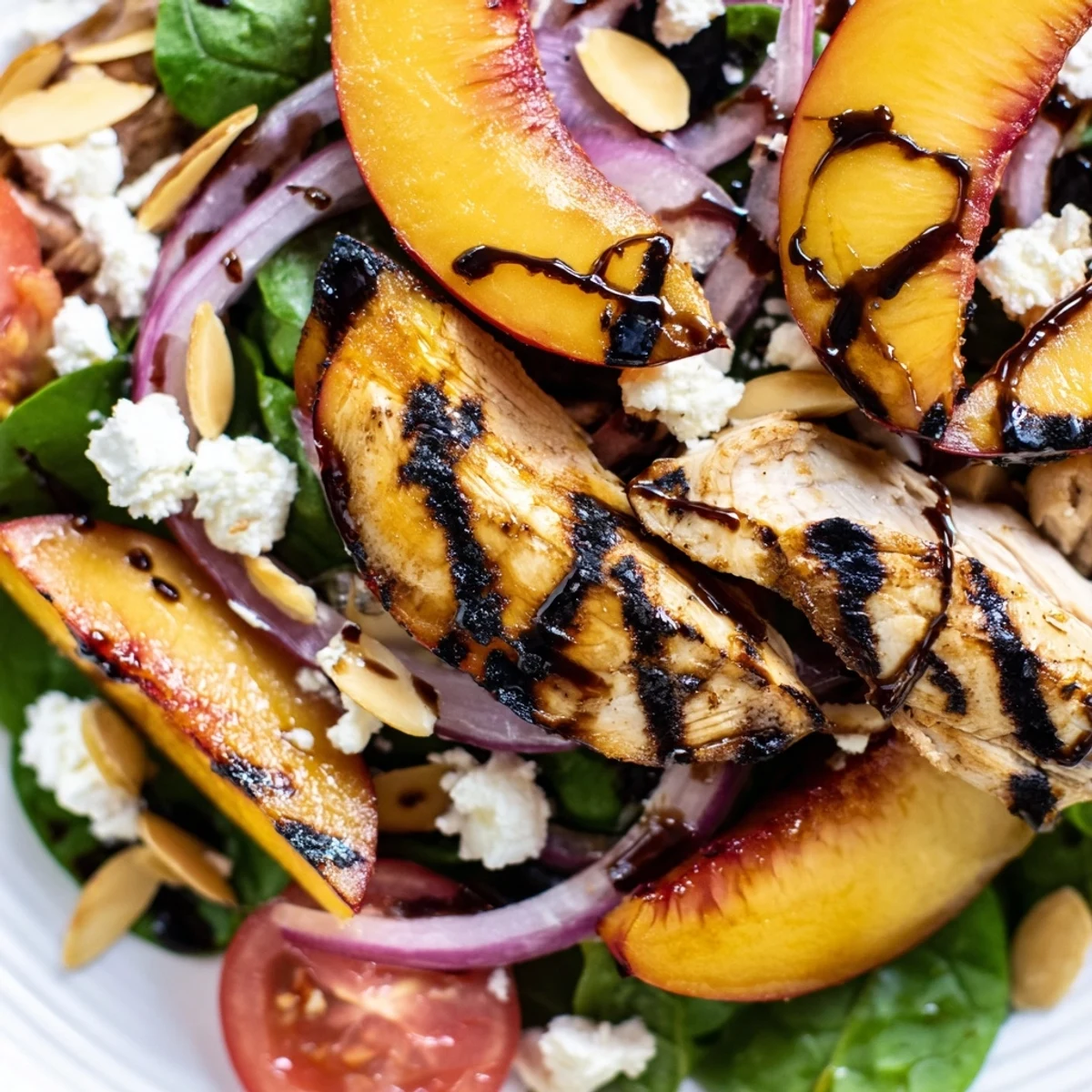 Fresh spinach leaves beneath juicy grilled nectarines and sliced chicken with tangy cheese
