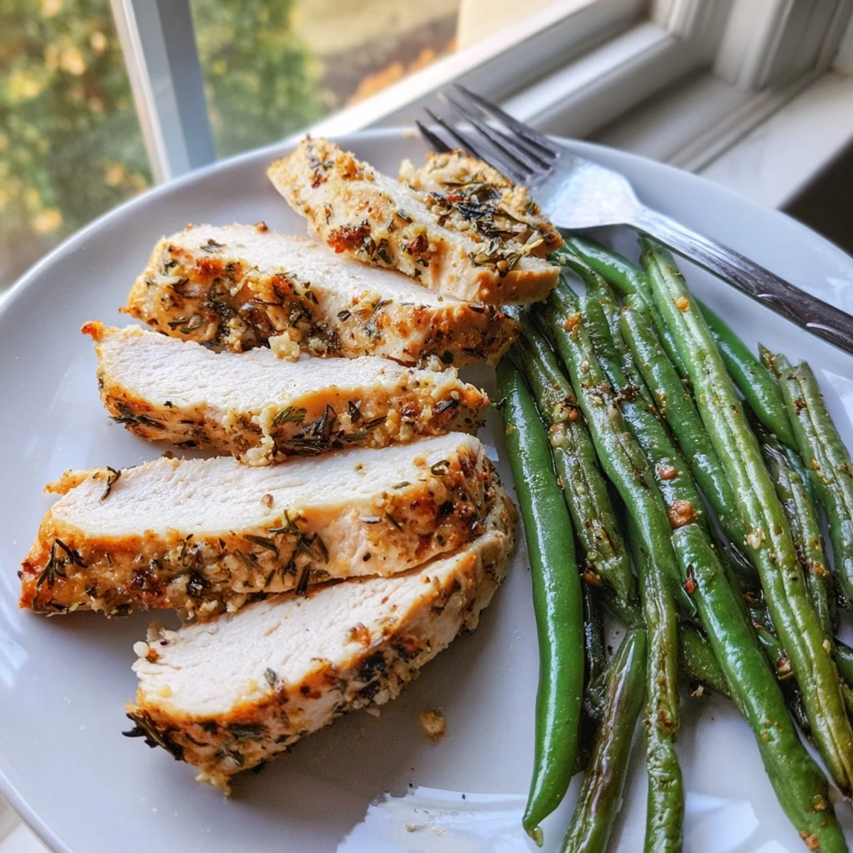 Golden garlic herb chicken with roasted green beans on a rustic sheet pan dinner