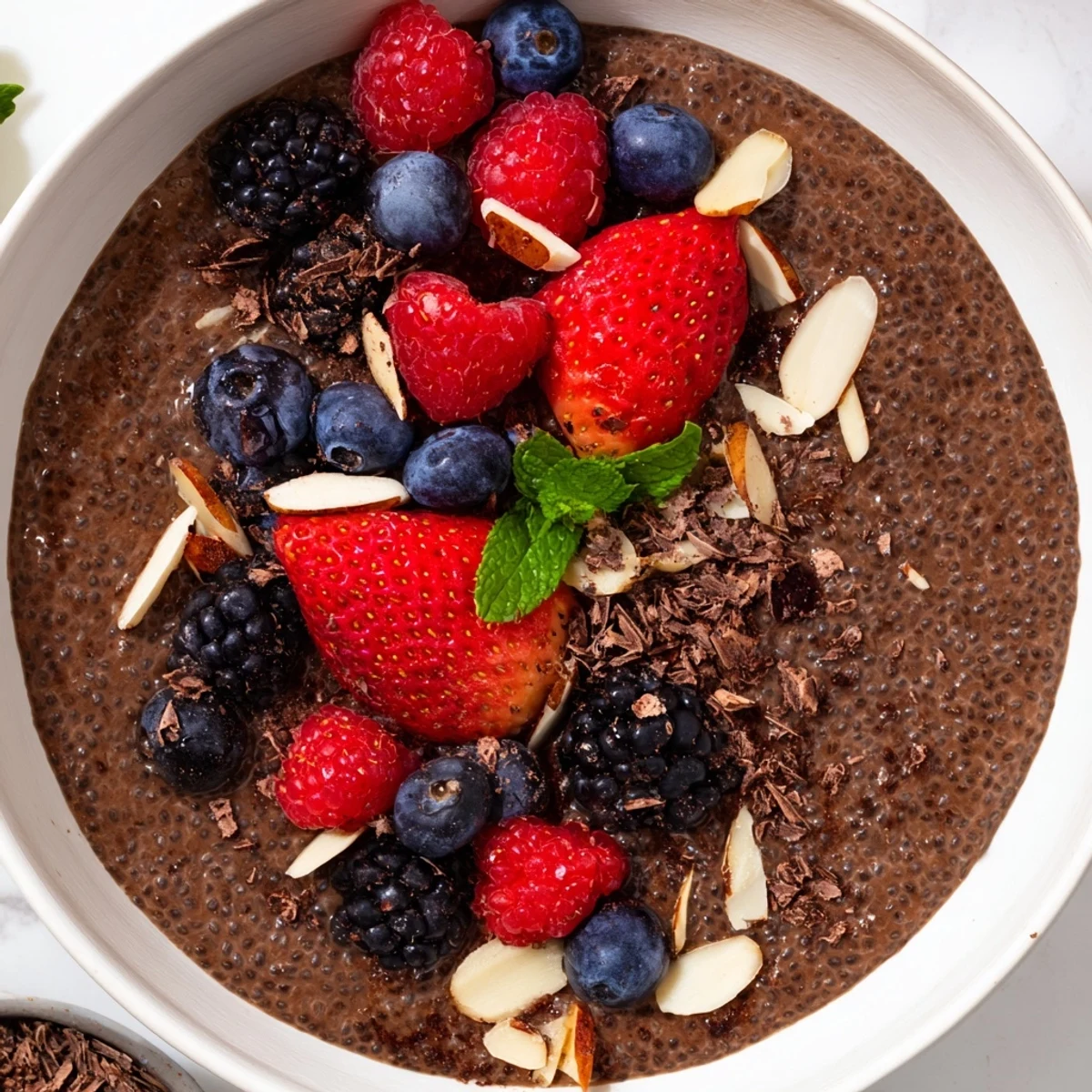 Creamy chocolate berry almond protein chia cream topped with fresh berries and toasted almonds