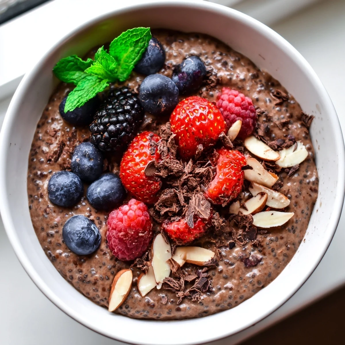Velvety chocolate berry almond protein chia cream garnished with shaved chocolate and mint leaves