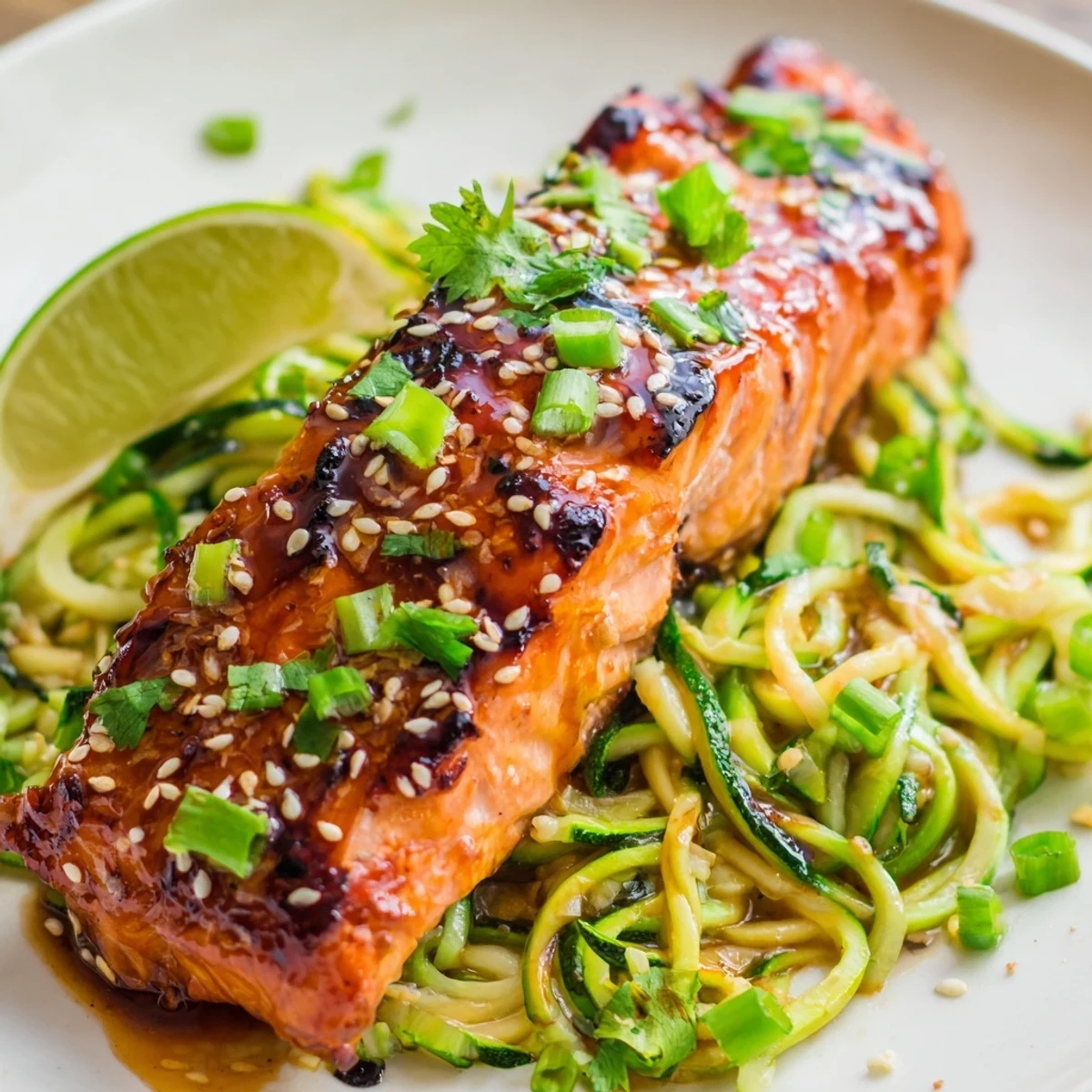 Tender miso ginger salmon with caramelized edges atop spiralized sesame zucchini noodles
