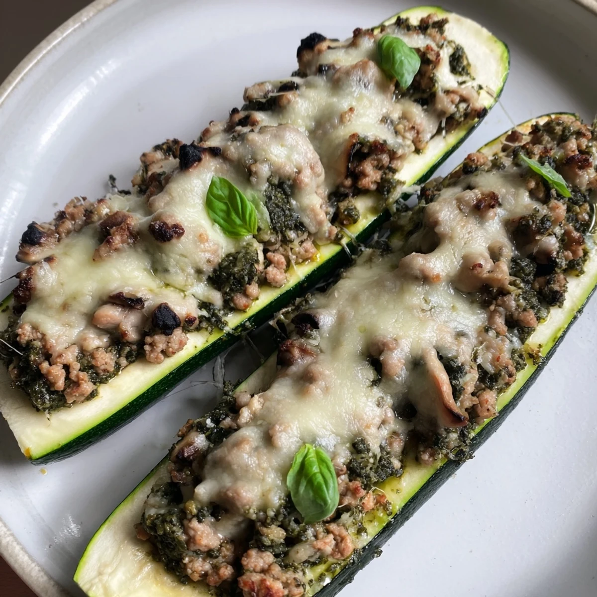 Savory ground turkey and mushroom filling spilling from tender Pesto Turkey and Mushroom Stuffed Zucchini halves