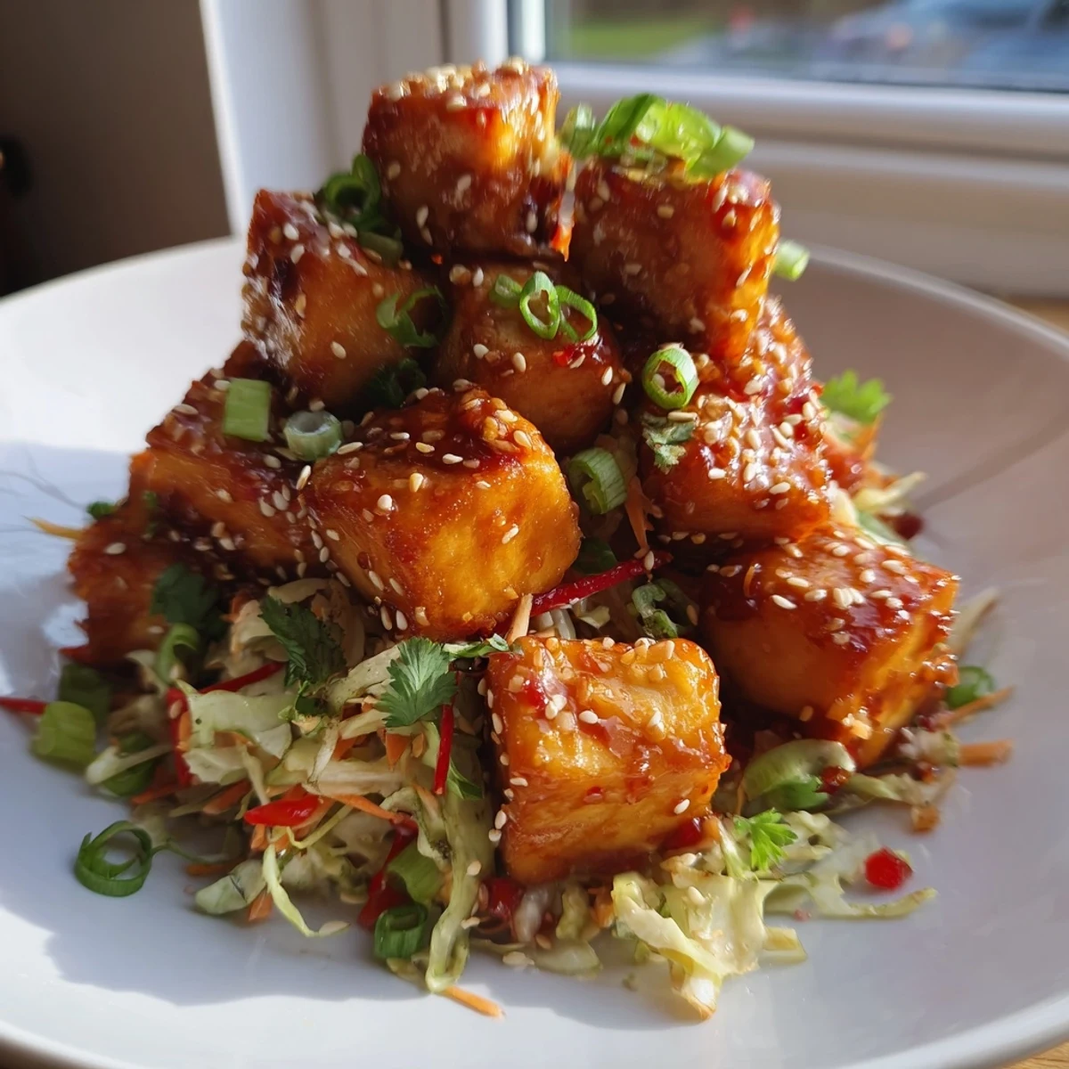 Crispy Chili Honey Tofu With Sesame Cabbage Crunch glistening with sticky sweet glaze on a white plate