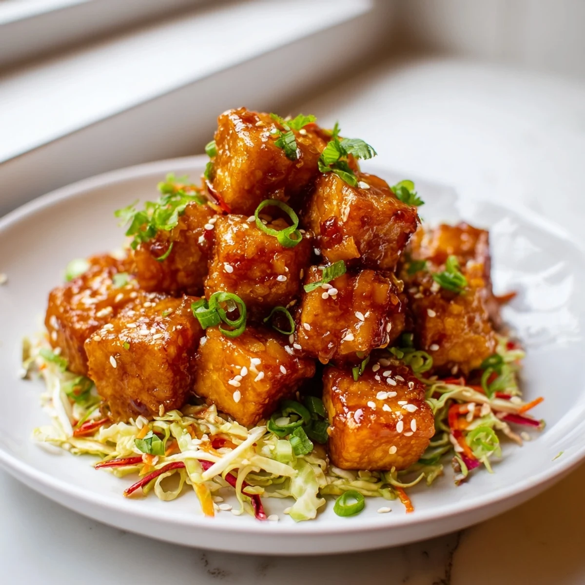 Golden tofu cubes drizzled with spicy honey sauce atop colorful sesame-dressed cabbage slaw in a bowl