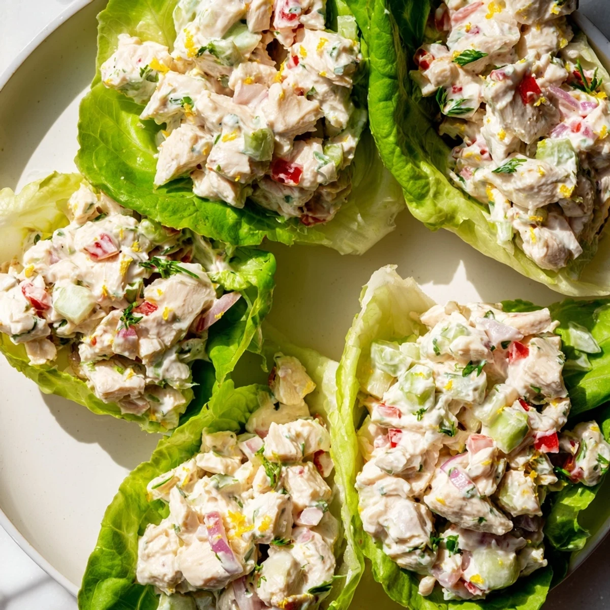 Cottage Cheese Garlic Lemon Chicken Salad Cups featuring tender chicken and vibrant vegetables
