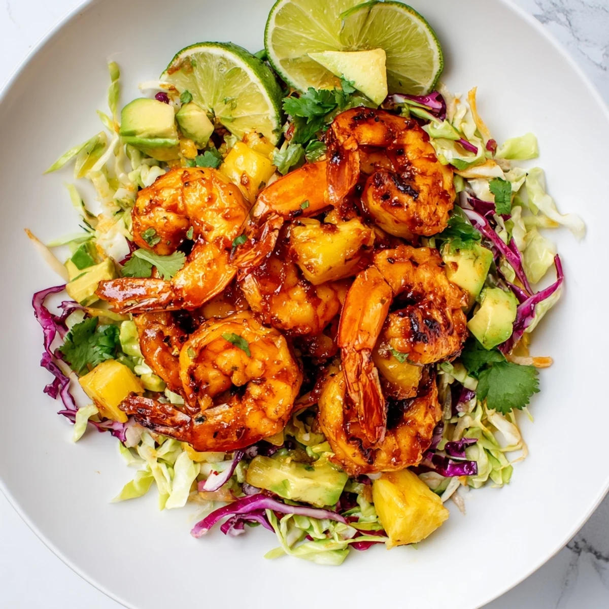 Sizzling spicy pineapple shrimp with caramelized edges served over crisp colorful cabbage slaw