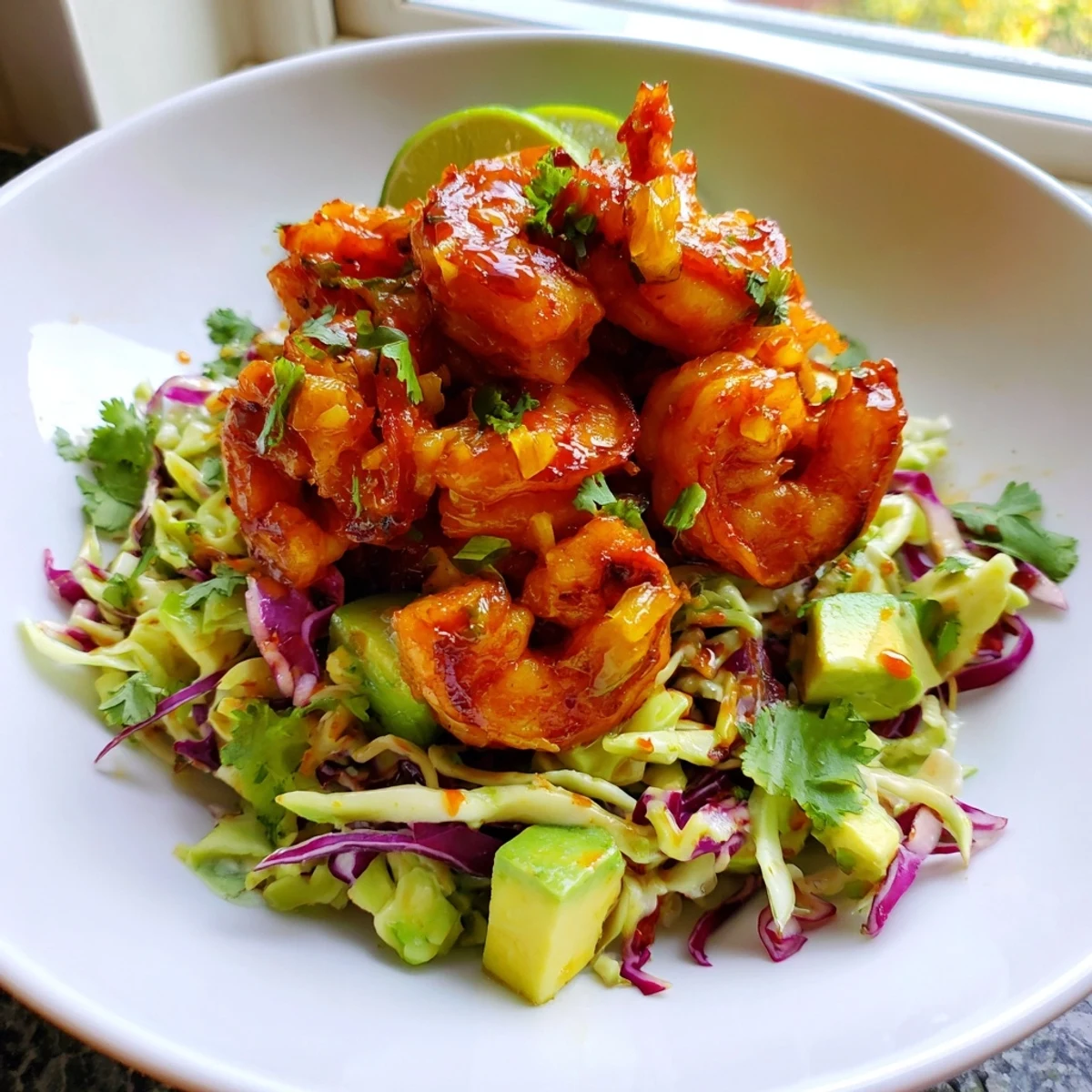 Golden spicy pineapple shrimp nestled on vibrant lime avocado slaw in a skillet
