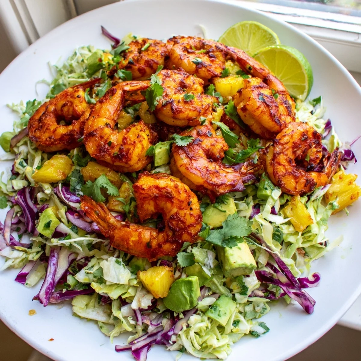 Plump glazed spicy pineapple shrimp piled on creamy avocado slaw garnished with fresh lime wedges