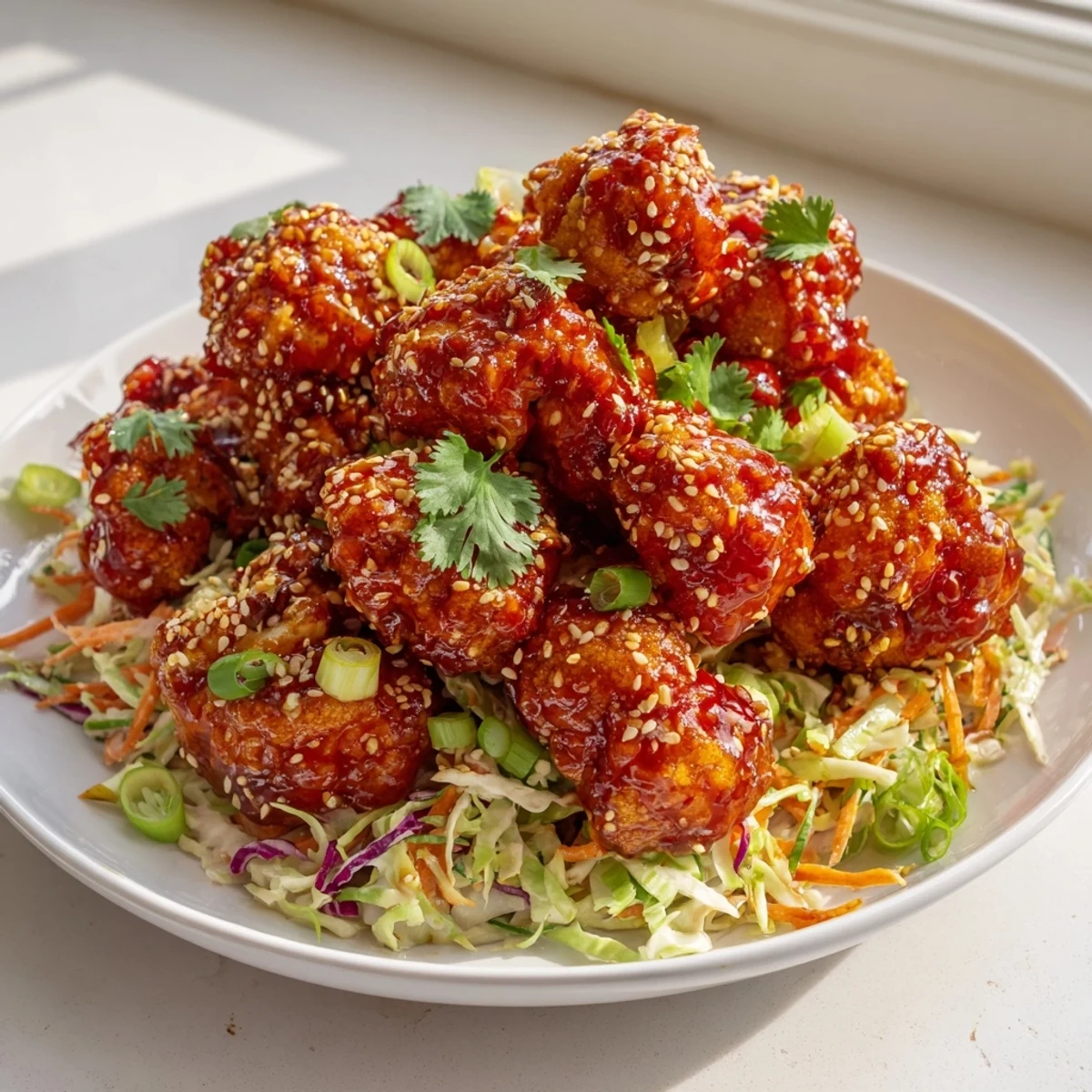 Crunchy battered cauliflower coated in sweet-spicy chili garlic sauce served beside tangy sesame slaw