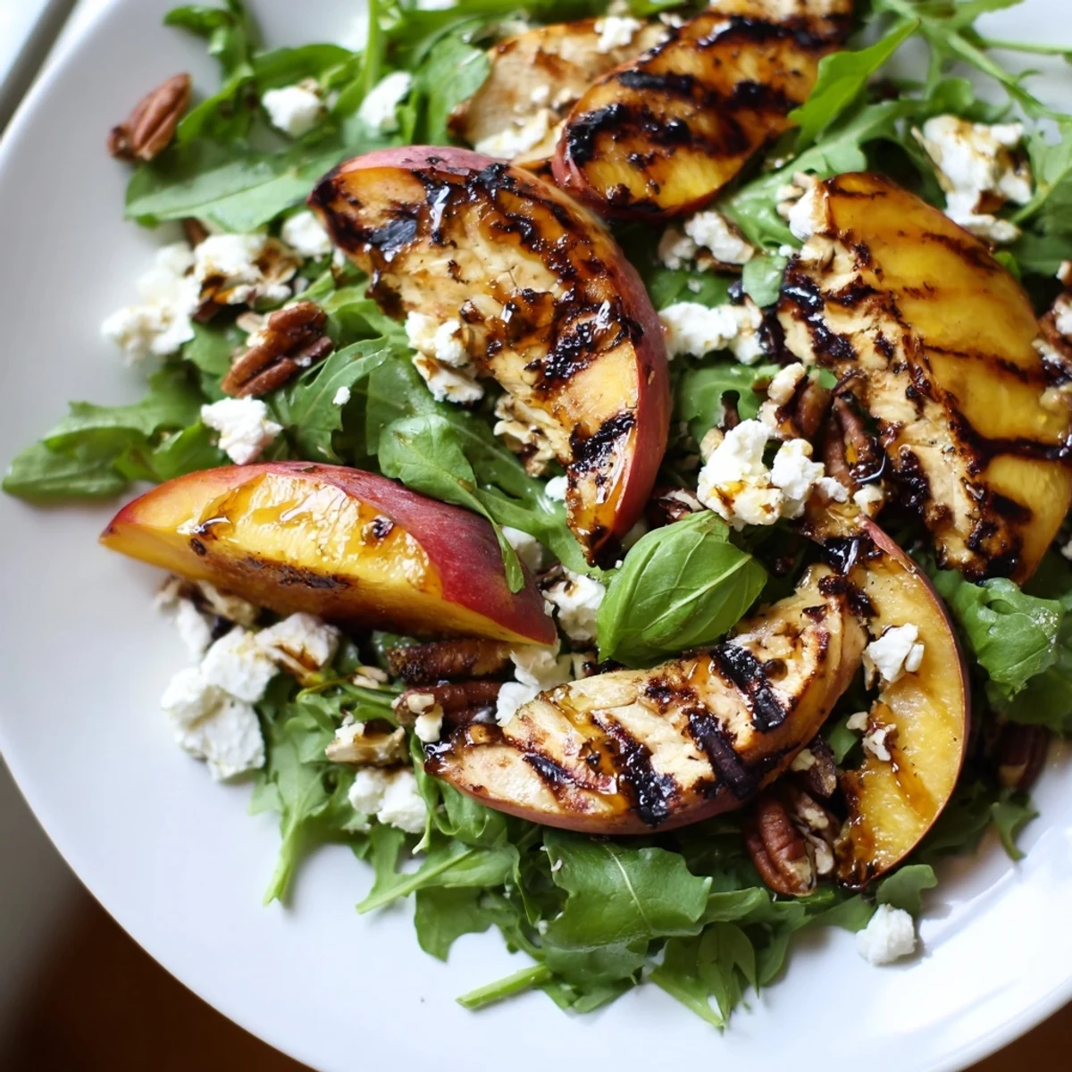 Grilled Peach and Arugula Chicken Salad drizzled with honey-balsamic dressing on a rustic plate