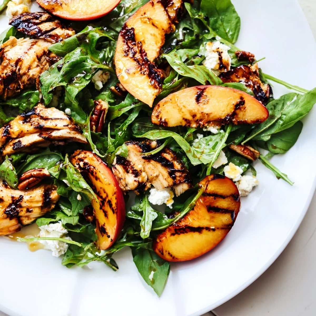 Juicy grilled peaches top this Grilled Peach and Arugula Chicken Salad sprinkled with crumbled goat cheese