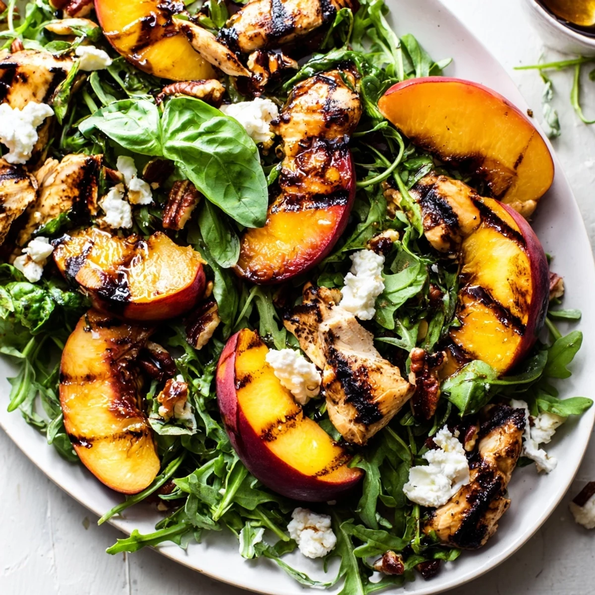 Fresh Grilled Peach and Arugula Chicken Salad with charred peach wedges toasted pecans and fragrant basil