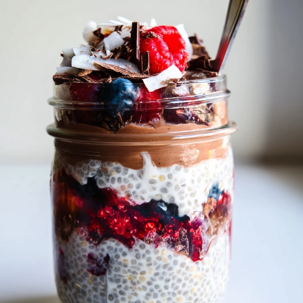 Chocolate Coconut Berry Protein Chia Cream layered in glasses with fresh berries on top