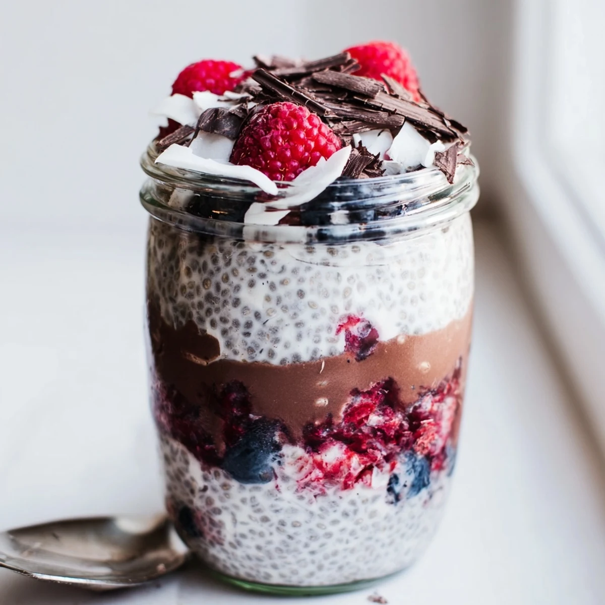 Rich chocolate coconut berry protein chia cream in jars with vibrant berry layers