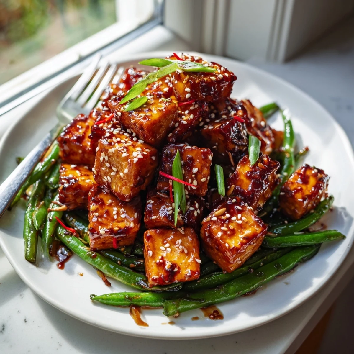 Crispy golden miso maple tofu cubes drizzled with sticky glaze atop sesame green beans