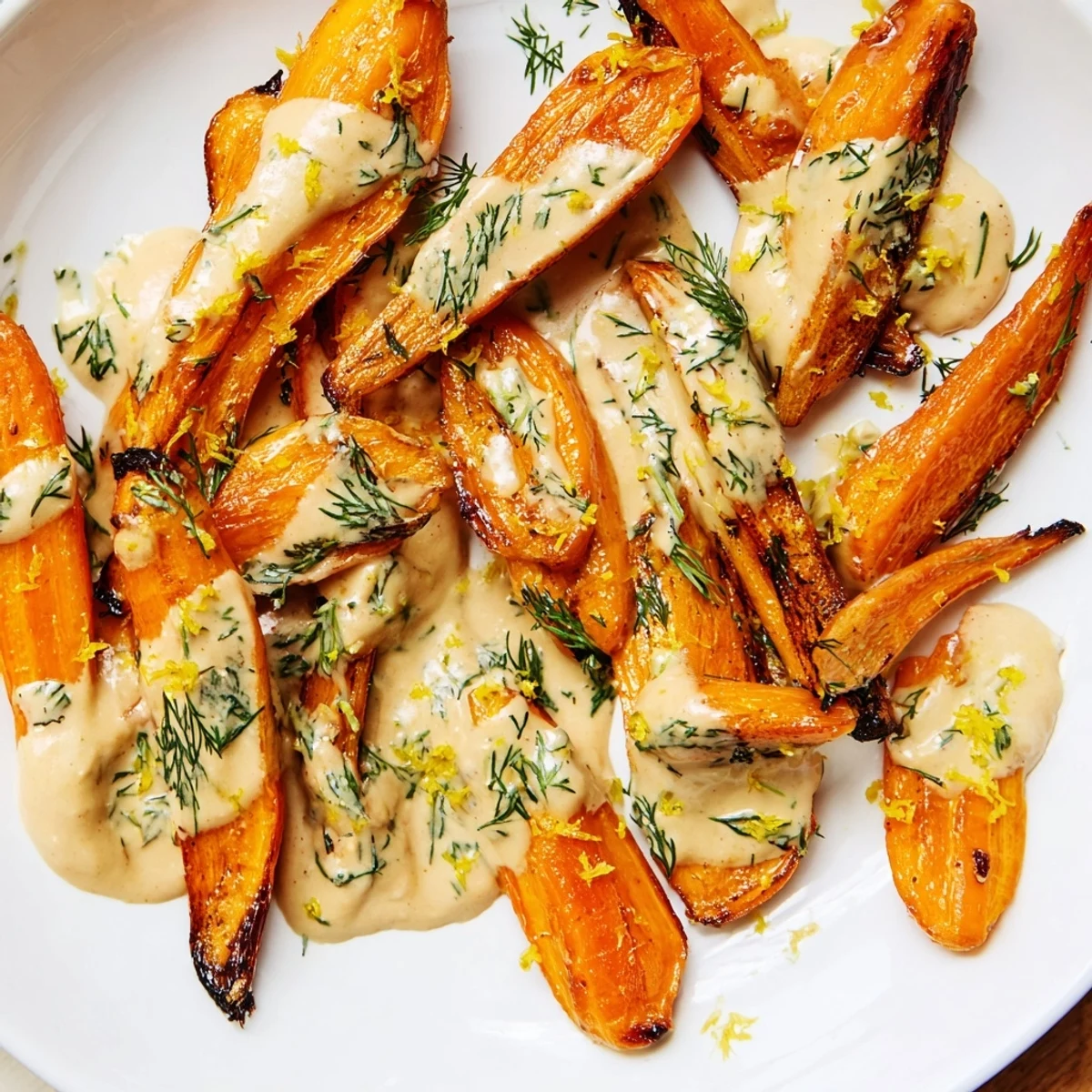 Golden roasted carrots with lemon tahini herb drizzle on a rustic serving platter