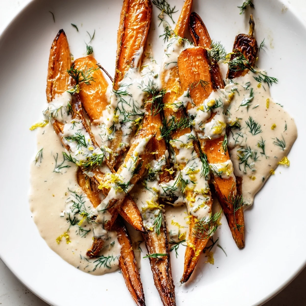Tender roasted carrots with lemon tahini herb drizzle garnished with lemon zest and parsley