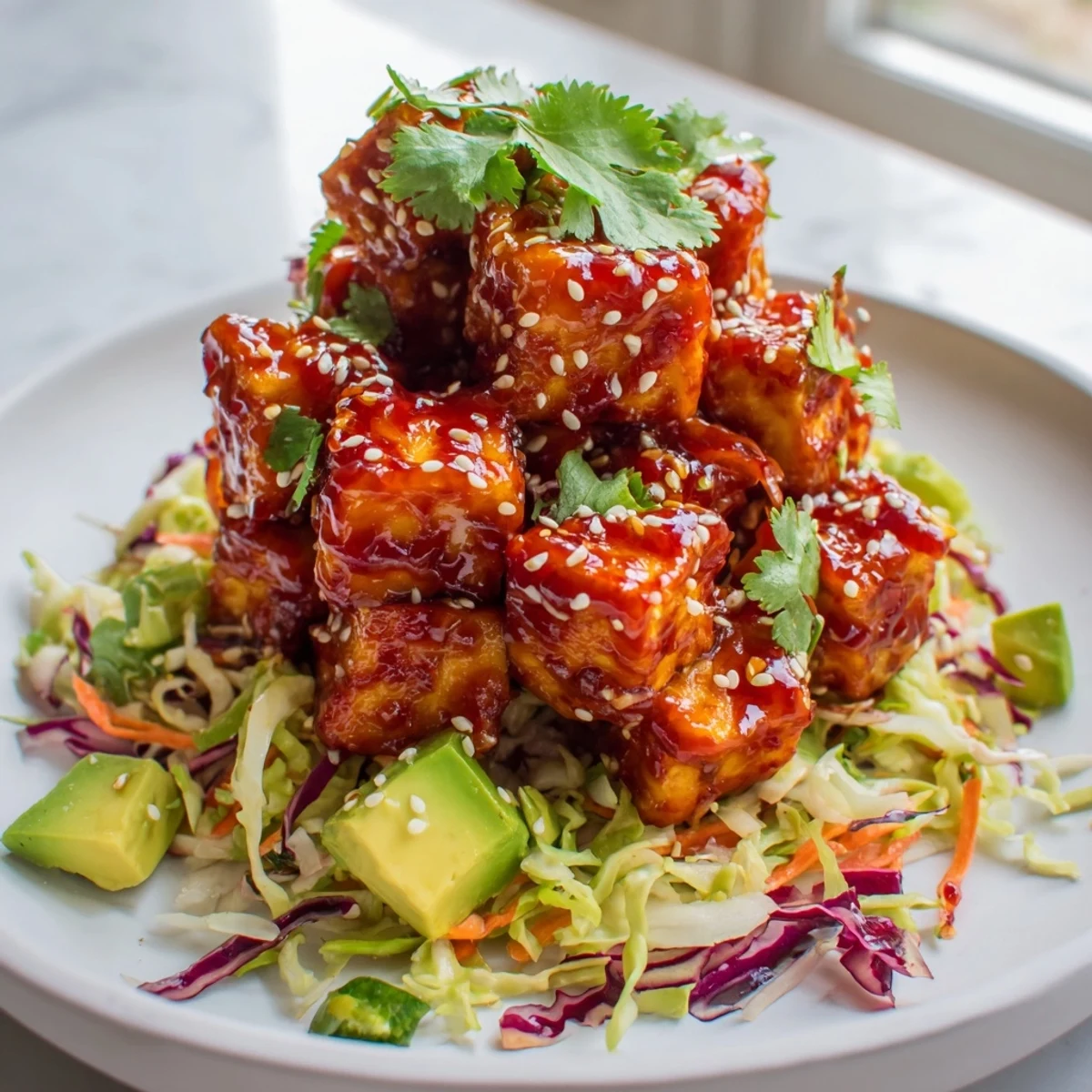 Golden crispy chili lime tofu cubes drizzled with tangy glaze on a white plate