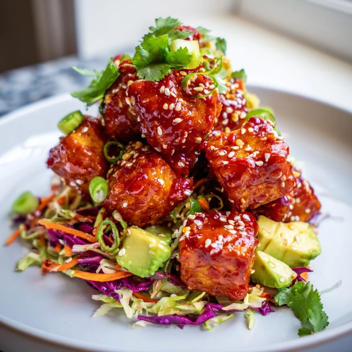 Crispy chili lime tofu with avocado sesame slaw topped with toasted sesame seeds