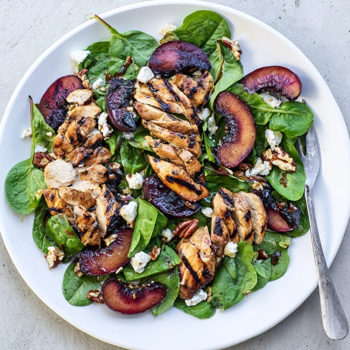 Juicy grilled plums and sliced chicken nestled over fresh spinach with basil leaves