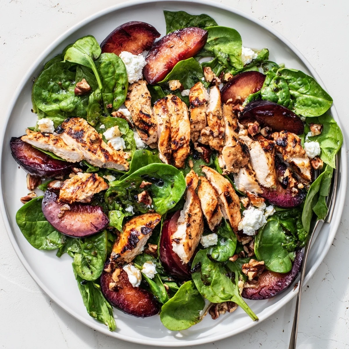 Grilled plum and spinach chicken salad topped with crumbled feta and toasted pecans