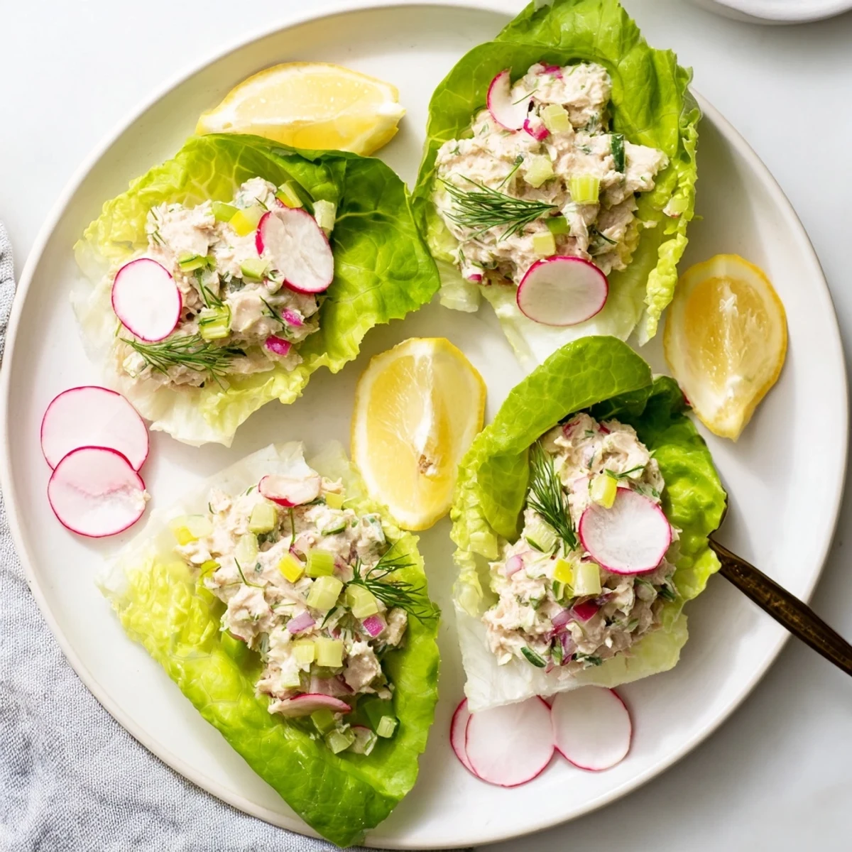 Creamy cottage cheese lemon dill tuna lettuce cups nestled in crisp butter lettuce leaves