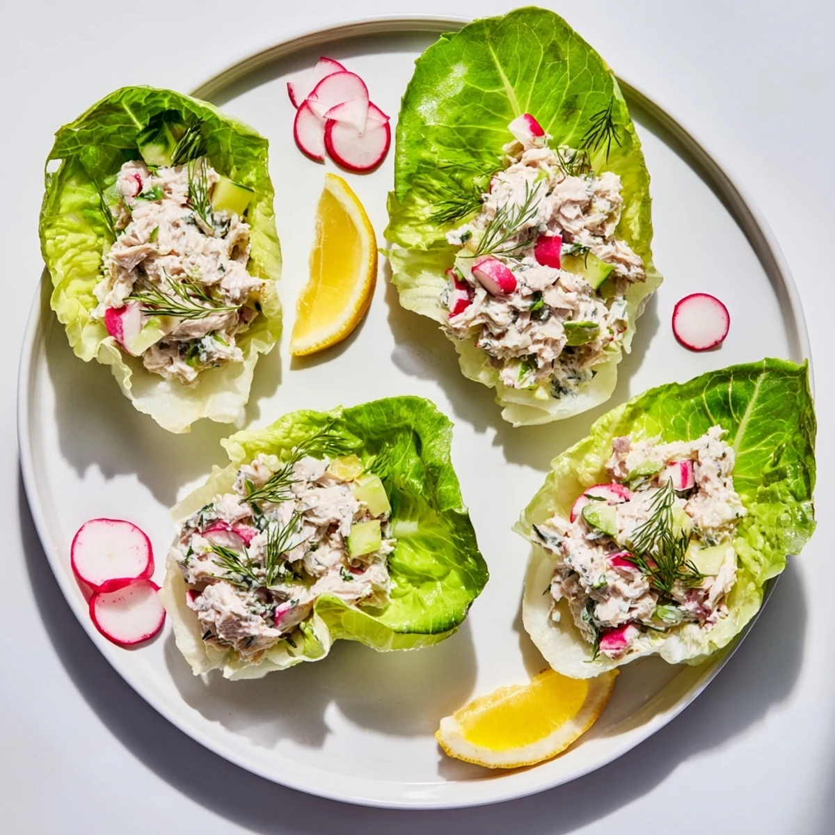 Chilled cottage cheese lemon dill tuna lettuce cups served on a platter with lemon wedges