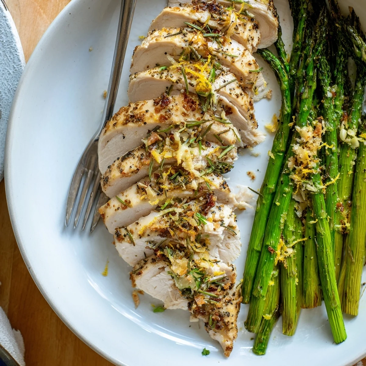 Golden garlic herb chicken with roasted asparagus served on a rustic white plate