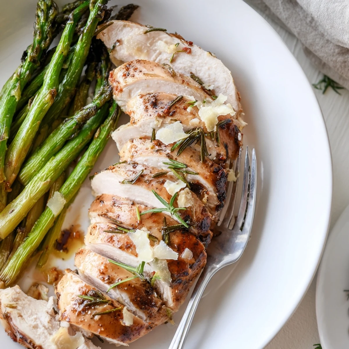 Juicy sliced garlic herb chicken with roasted asparagus drizzled in herb pan juices