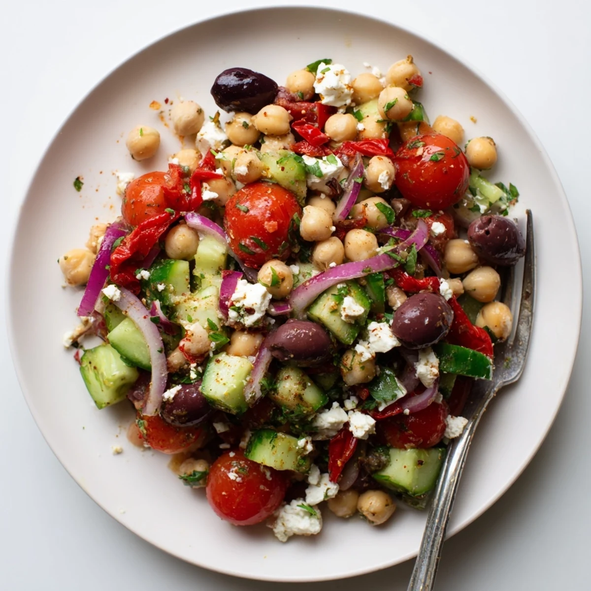 Colorful Mediterranean chickpea and tomato olive salad tossed with fresh herbs and lemon dressing