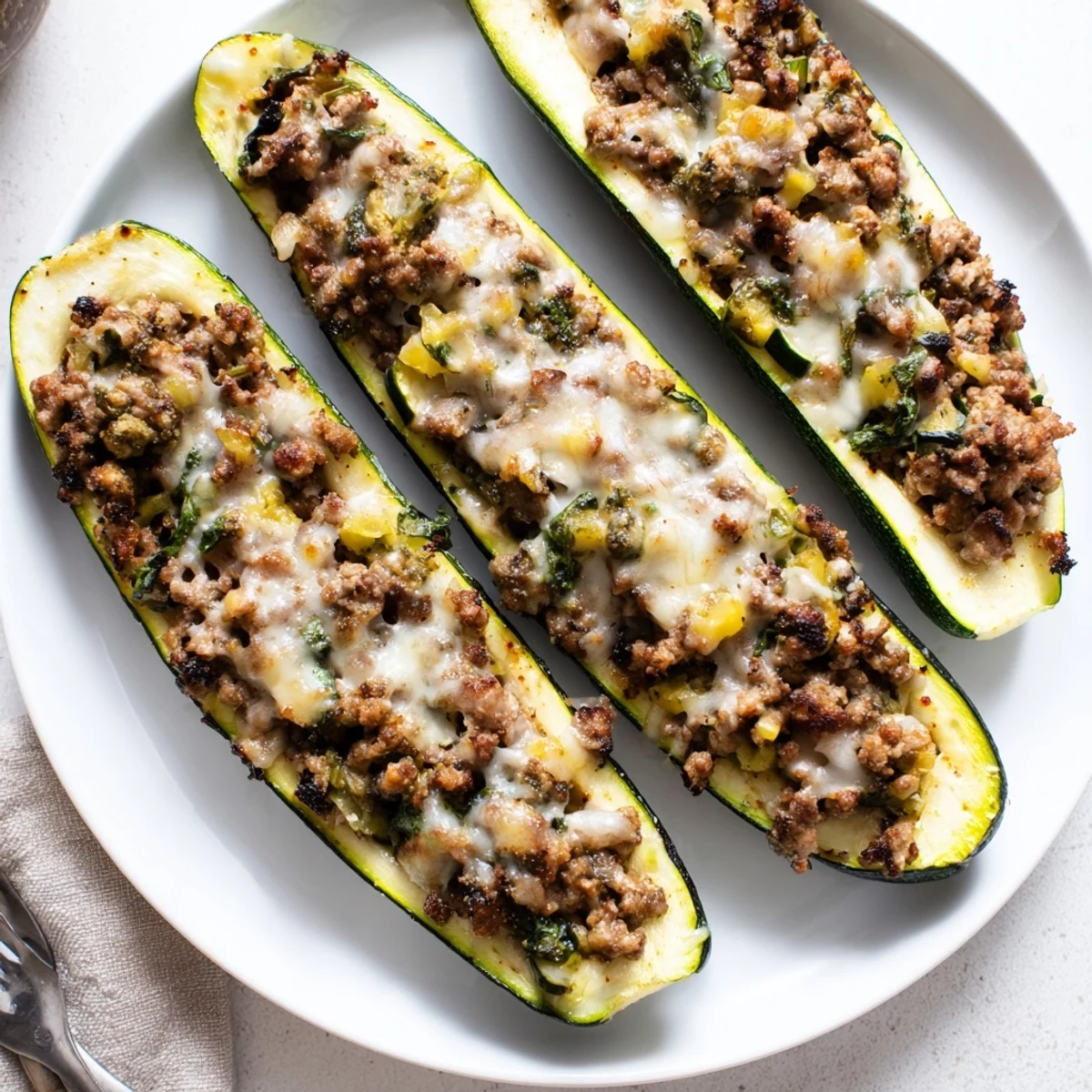 Golden pesto turkey and mushroom zucchini boats bubbling with melted mozzarella cheese
