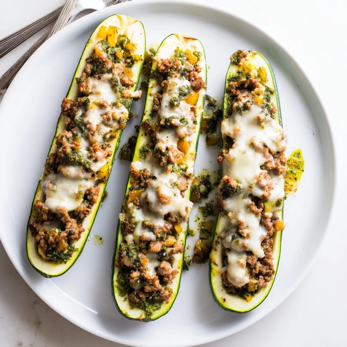 Cheesy pesto turkey and mushroom zucchini boats garnished and served on rustic plate