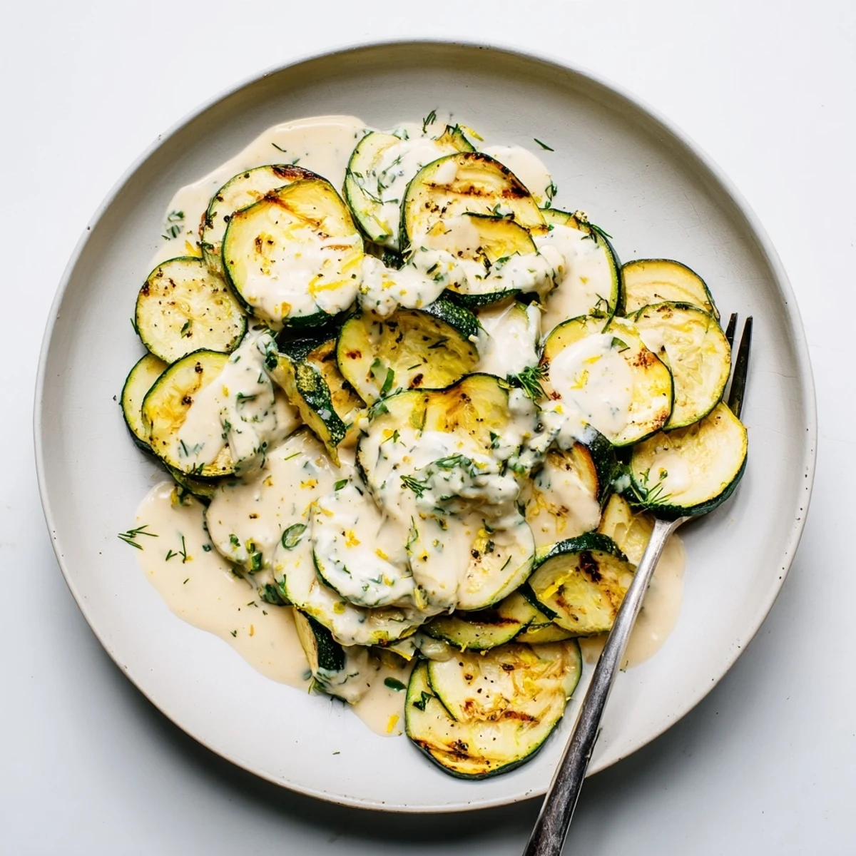 Tender caramelized zucchini rounds topped with creamy lemon tahini herb drizzle and fresh herbs