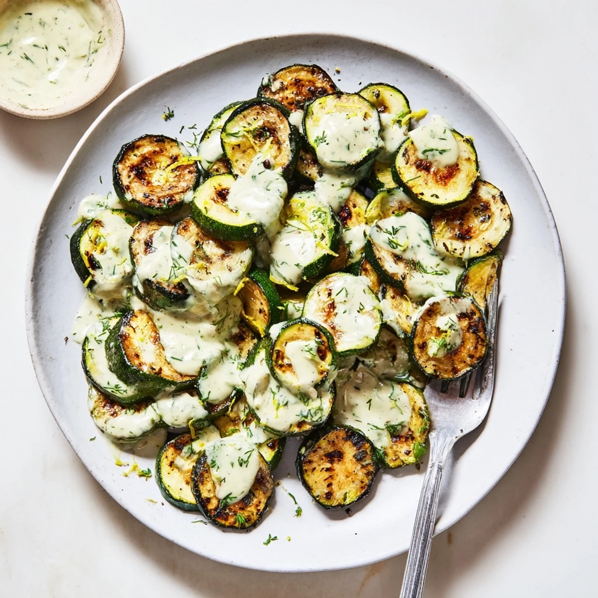 Roasted zucchini with lemon tahini herb drizzle garnished with bright lemon zest and parsley