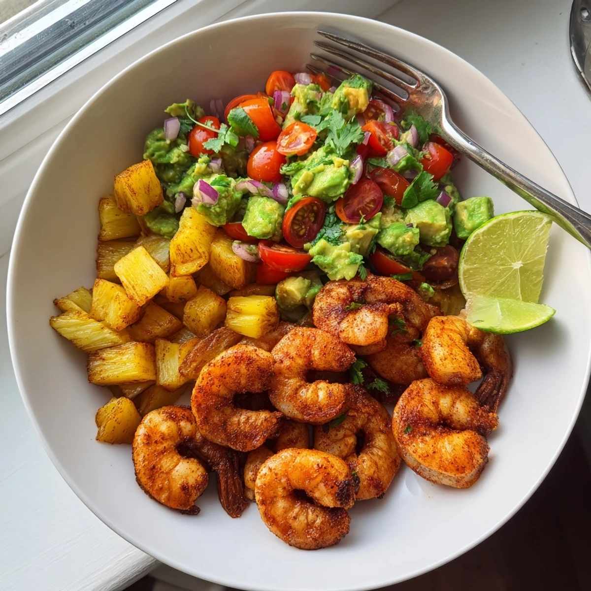 Golden spicy pineapple shrimp topped with vibrant lime avocado salsa on a white plate