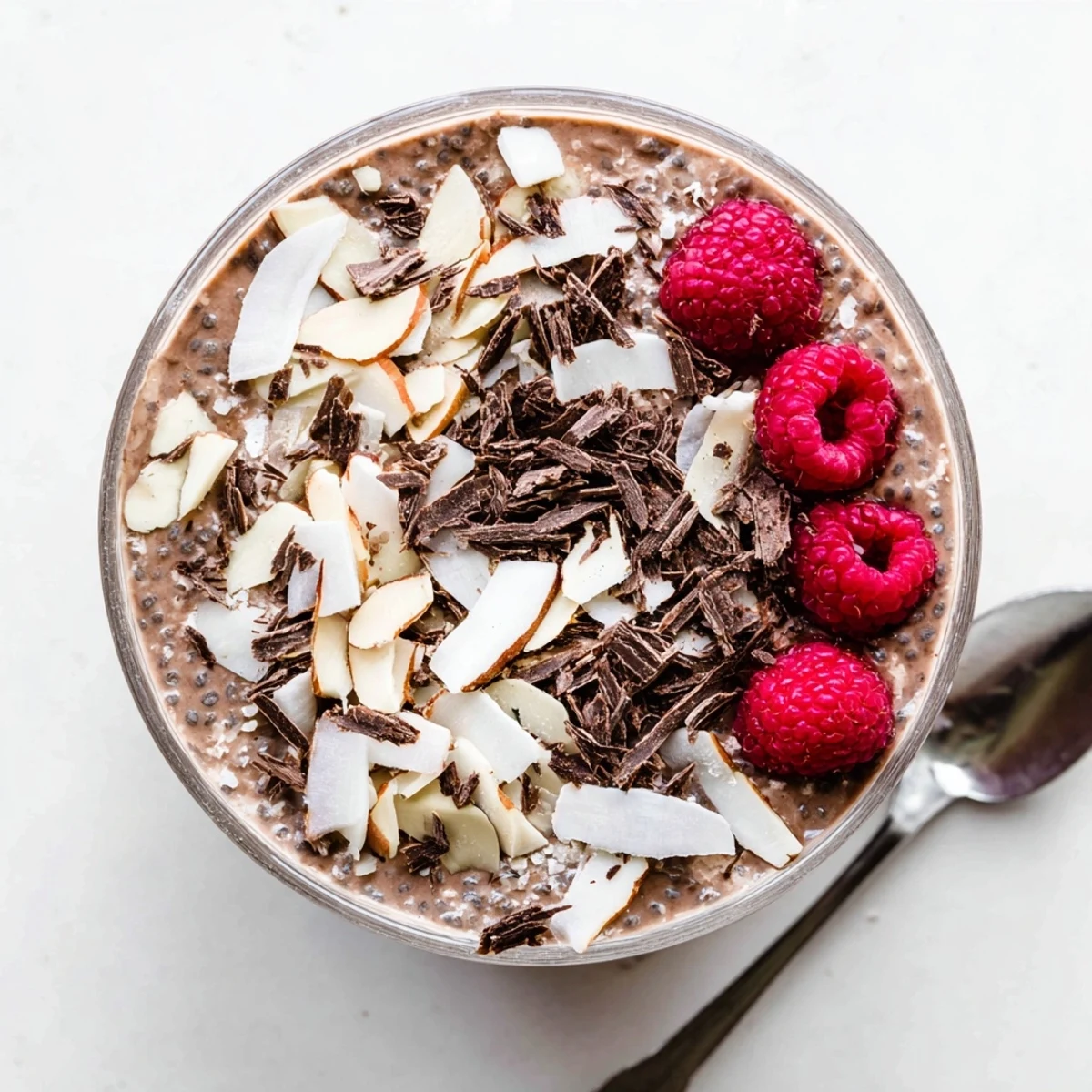 Creamy chocolate almond coconut protein chia cream topped with dark chocolate shavings and sliced almonds