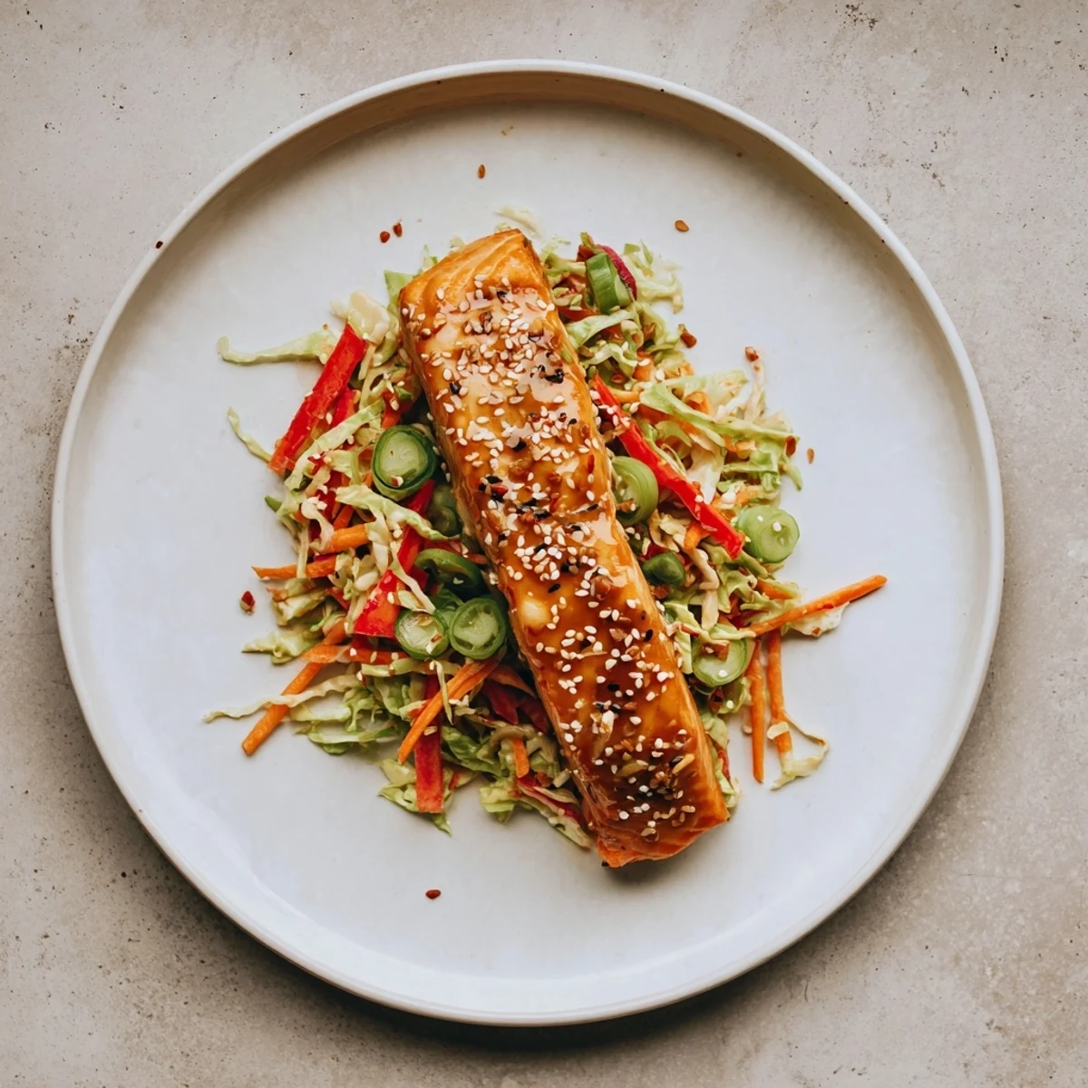Golden miso ginger salmon fillet resting on a bed of colorful sesame cabbage crunch slaw