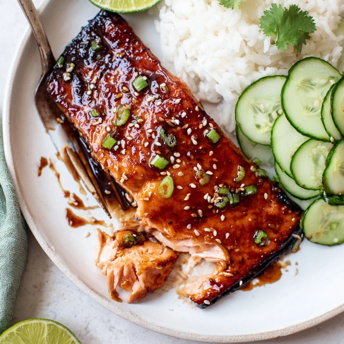 Miso Maple Salmon With Sesame Cucumber Crunch roasting on parchment, glossy glaze.  