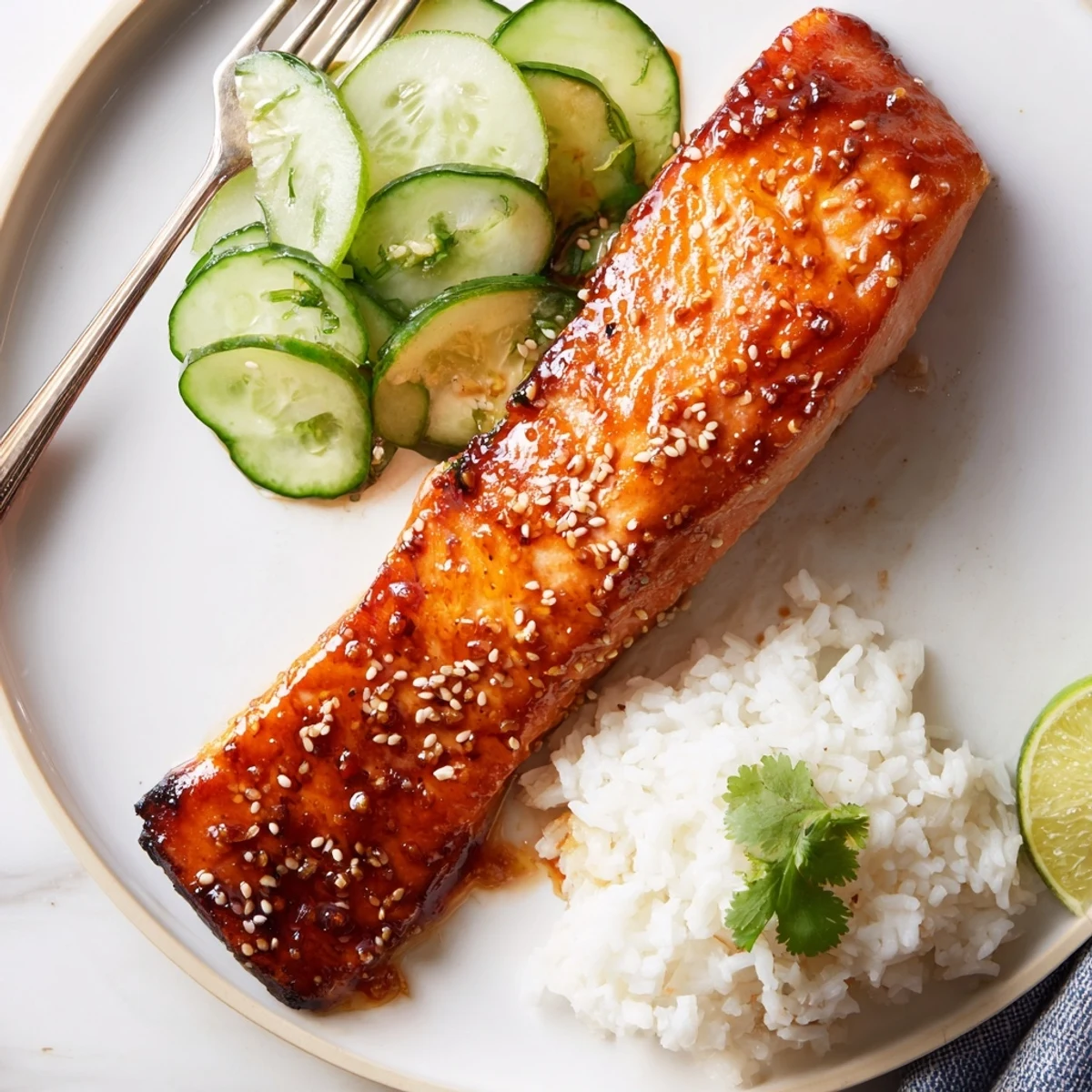 Miso Maple Salmon With Sesame Cucumber Crunch plated over steaming jasmine rice.  