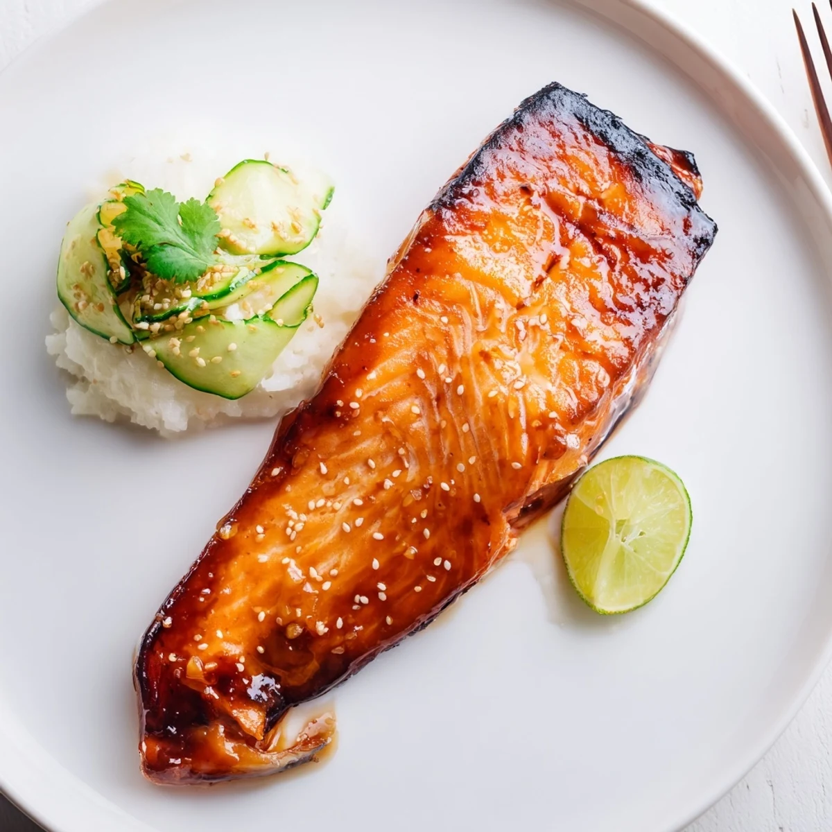 A caramelized, flaky fillet of Miso Maple Salmon With Sesame Cucumber Crunch.