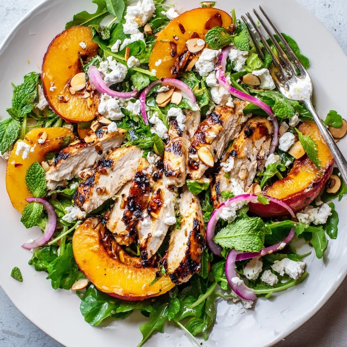 Grilled Apricot and Arugula Chicken Salad with Mint, charred apricots and crumbled feta