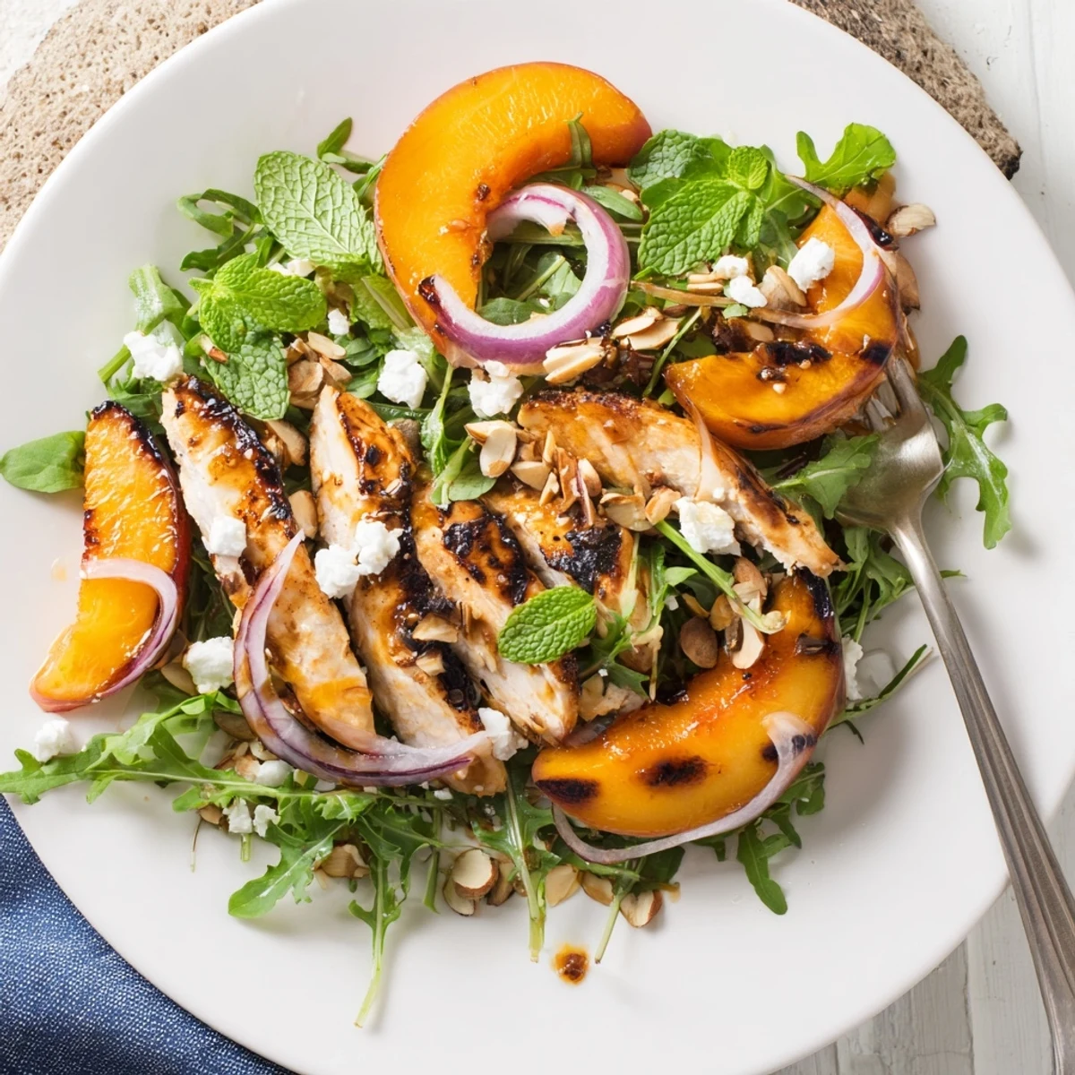 Wood-smoked chicken and peppery greens in Grilled Apricot and Arugula Chicken Salad with Mint