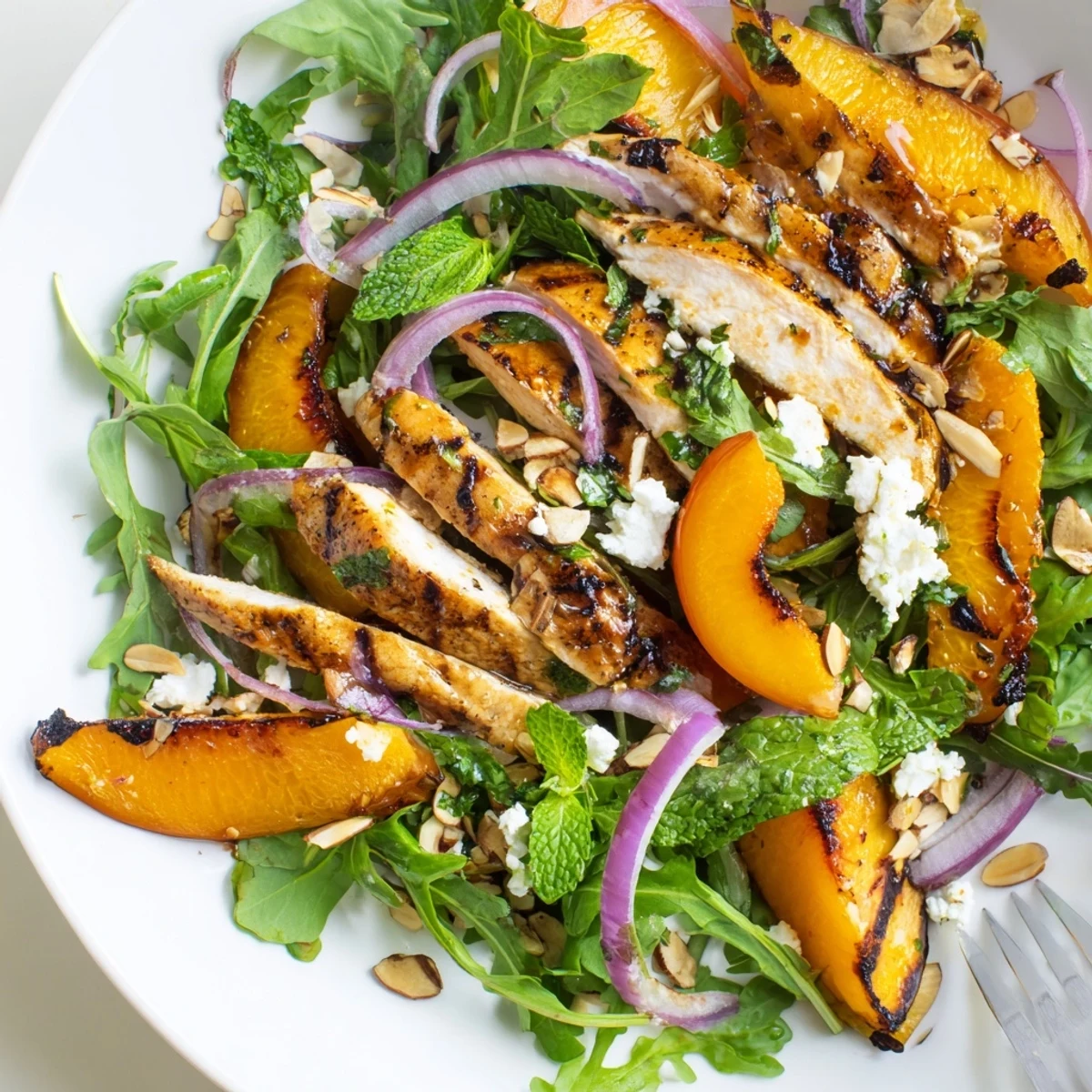 Honey-lime vinaigrette glazes Grilled Apricot and Arugula Chicken Salad with Mint, toasted almonds