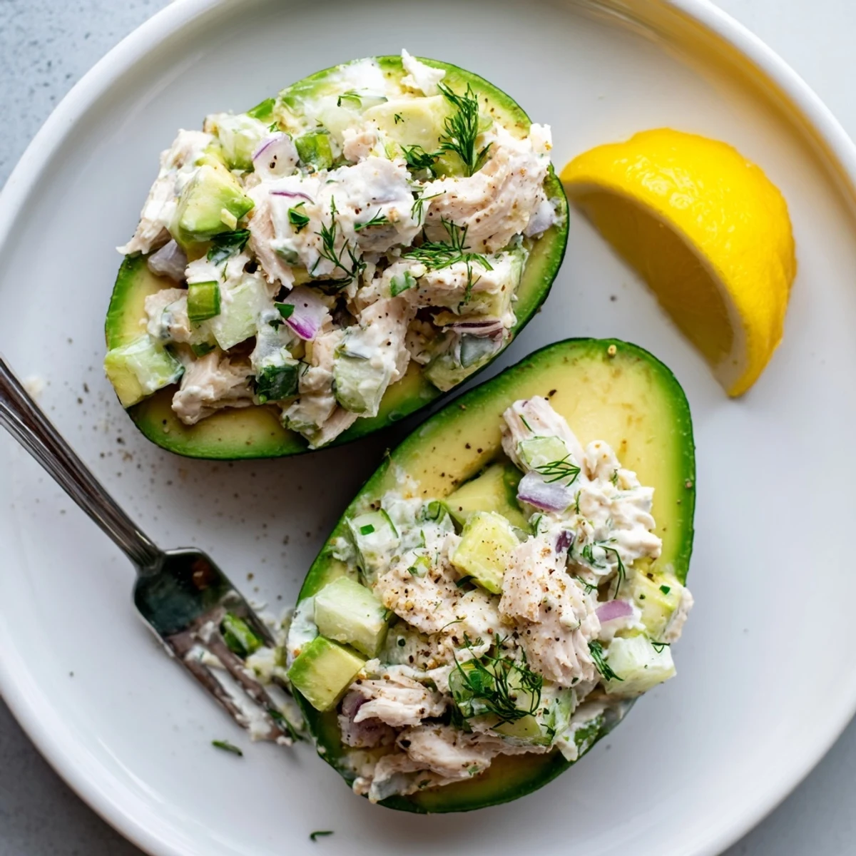 Cottage Cheese Herb Chicken Salad Stuffed Avocados, creamy cottage cheese filling with herbs