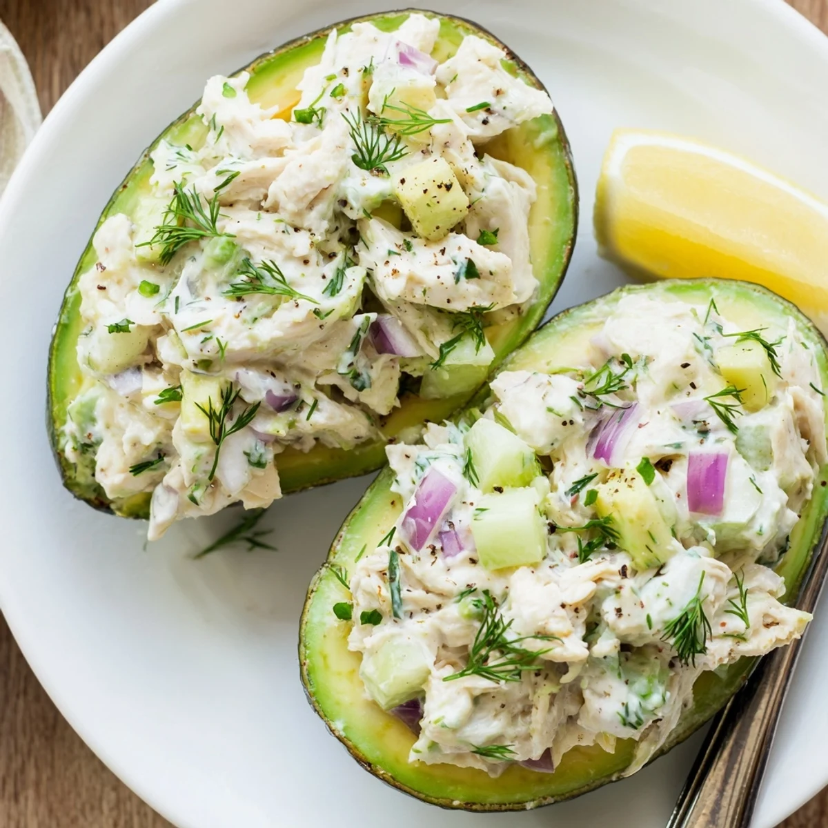 Cottage Cheese Herb Chicken Salad Stuffed Avocados served chilled on plate, bright green avocado